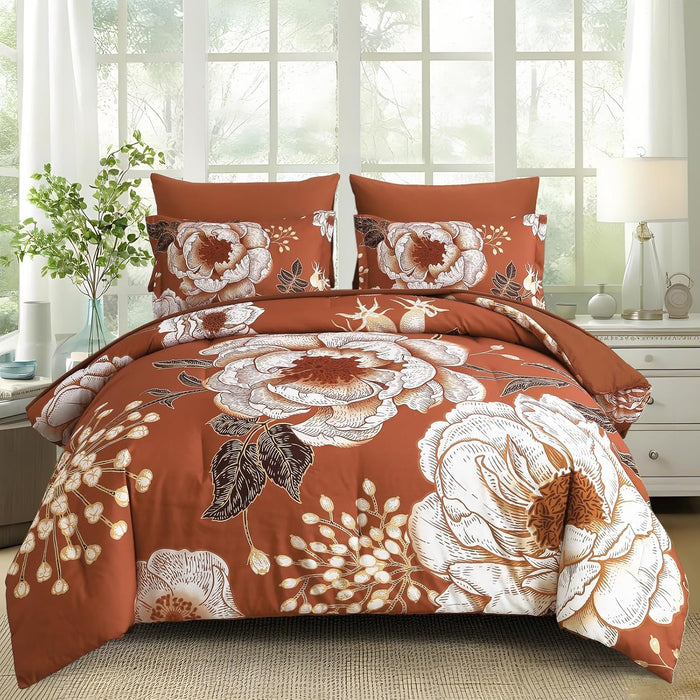 Luxudecor Floral Queen Comforter Set 7 Pieces Bed in a Bag, White Flower Print on Navy Blue Bedding Set, Soft Reversible Comforter with Sheet Set 90"x90"