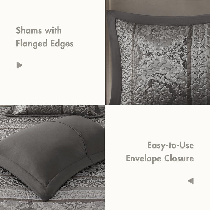 Madison Park Traditional Damask Design All Season, Lightweight Coverlet Bedspread Bedding Set, Matching Shams, Pillows, (102"x118"), Bellagio, Jacquard Grey, 5 Piece