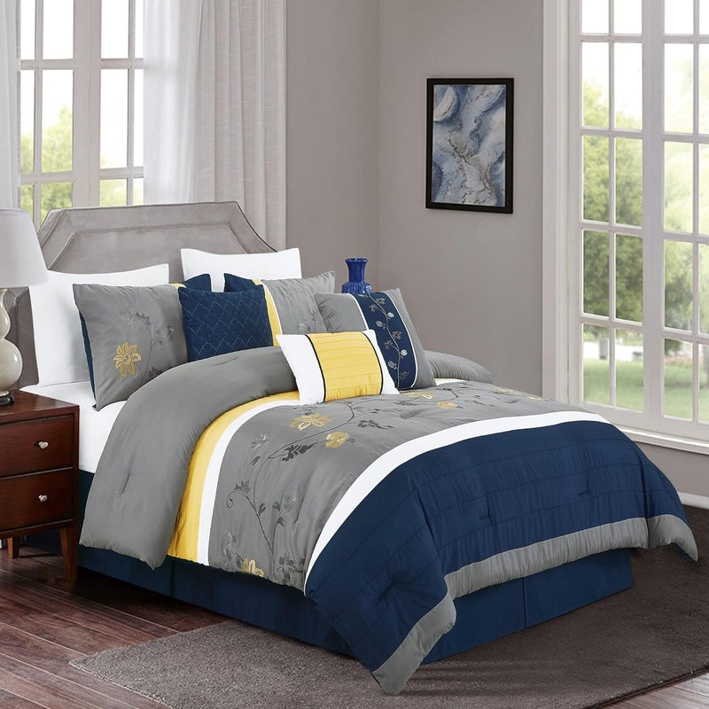 Chezmoi Collection Serene 7-Piece Luxury Autumn Floral Embroidery Comforter Set, Queen, Orange/Brown/Taupe