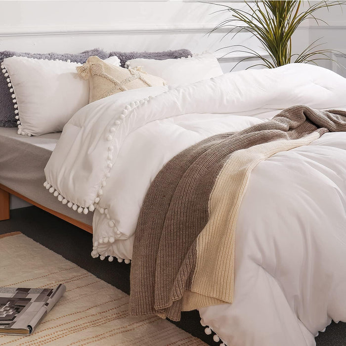YIRDDEO Queen Comforter Set - Comforter Queen Size Sets with Ball Pom Fringe, Soft Bedding Set for All Seasons - 3 Pieces, 1 Comforter (90"x90") & 2 Pillow Shams (20"x26"), Taupe
