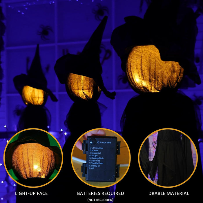 NEROSUN Halloween Decorations, 4 FT Set of 3 Light Up Witches Holding Hands Witches with Stakes, Witch Decorations with Glowing Face for Yard Garden Outdoor Lawn Porch Haunted House Decor