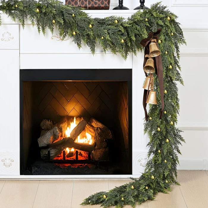 Waipfaru 1 Pcs 9FT Christmas Garland with Lights, Cedar Garland Artificial Realistic, Thick & Lush Faux Pine Garland for Mantle Fireplace Wall Party Outdoor Indoor Christmas Decorations