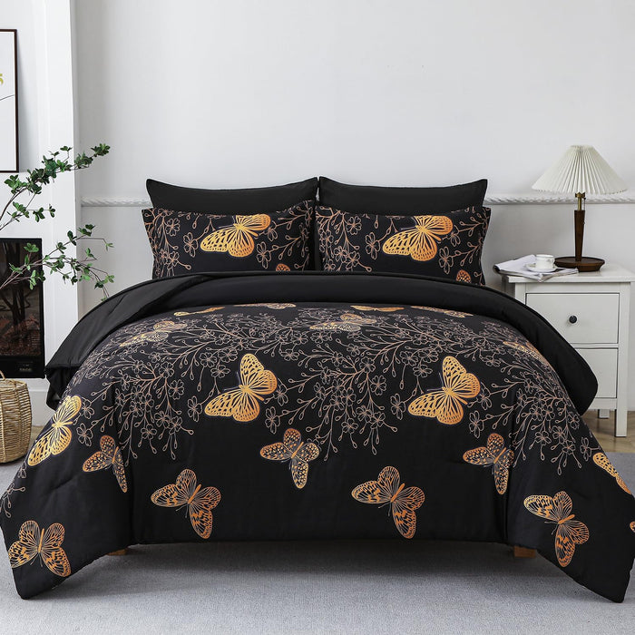Yogeneg 7 Piece Bed in a Bag Full Size Comforter Set Botanical Floral Bedding Set,White Flower Leaves Printed on Black Reversible Design,Soft Microfiber Comforter with Sheet Set,All Season(Black,Full)