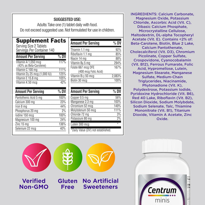 Centrum Minis Silver Women's Multivitamin for Women 50 Plus, Multimineral Supplement with Vitamin D3, B Vitamins, Non-GMO Ingredients, Supports Memory and Cognition in Older Adults - 280 Ct