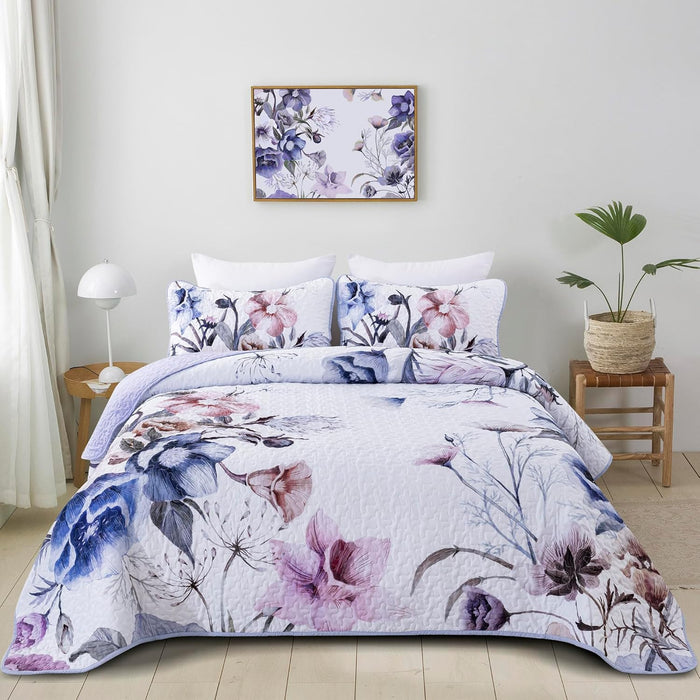 Floral Quilt Set King 3 Pieces Grey Floral Quilt Coverlet Set Soft Microfiber Lightweight White Quilted Bedspread for All Season 104"x90"