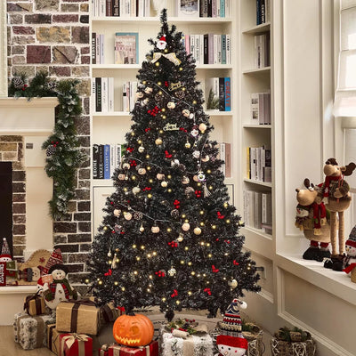 7.5FT Black Artificial Christmas Tree Prelit with 1600 PVC Branch Tips, Auto Hinges & 600 Lights & 9 Modes, Seasonal Holiday Party Decorations with Sturdy Metal Stand