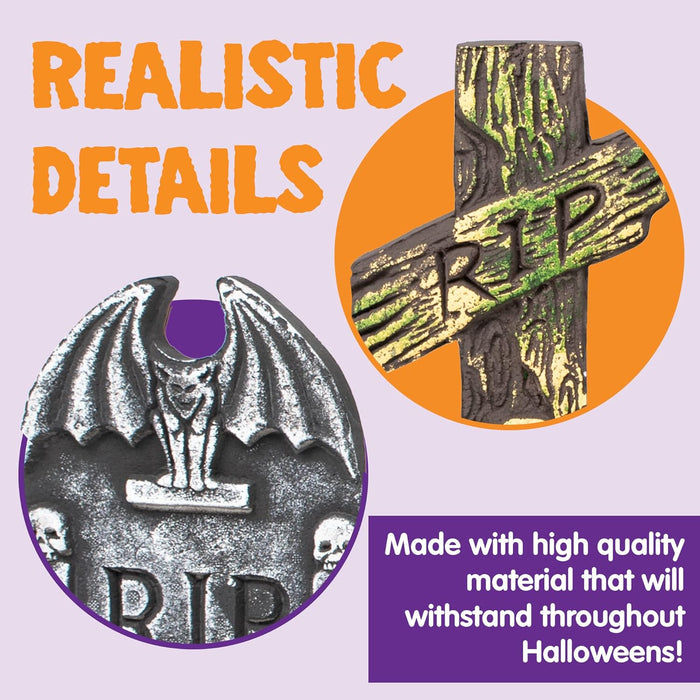 JOYIN 17” Halloween Foam RIP Graveyard Tombstones (5 Pack), Halloween Tombstones Outdoor Decorations for Graves Decorations with 12 Metal Stakes for Cemetery Yard Lawn Party Decor