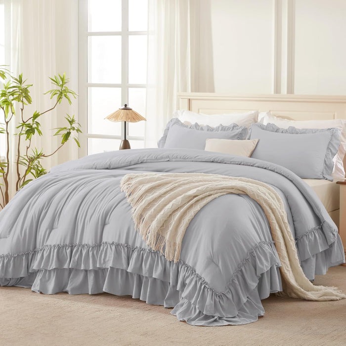Andency Beige Full Size Comforter Set, 3 Pieces Farmhouse Shabby Chic Ruffle Comforter, Soft Lightweight Fluffy All Season Microfiber Bedding Comforter Set for Kids, Girls, Women