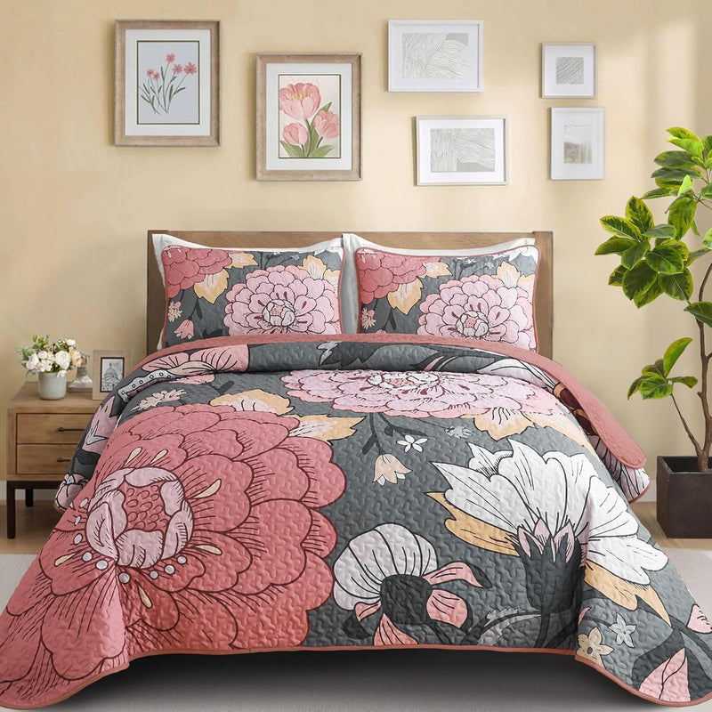 DJY Floral Quilt Set Queen Size Black Boho Bedspread Coverlet Set 3 Pieces, Botanical Quilt Lightweight Microfiber Farmhouse Floral Bohemian Bedding Set with 2 Pillow Shams for All Season (96''x90'')
