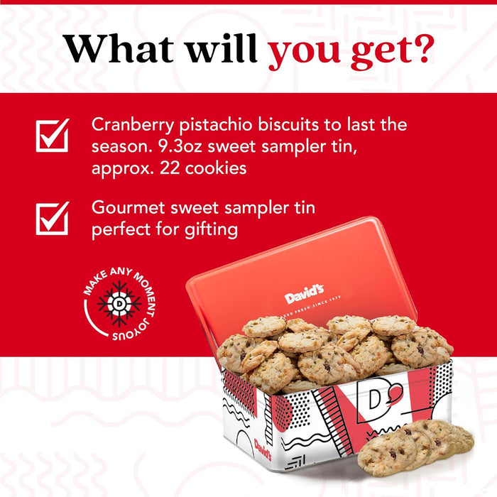 David's Cookies Cranberry Pistachio Biscuits Sweet Sampler Tin - Irresistible Crunch, Snacks And Bakery Treats - Ideal for Snacking And Gifting - Delicious Gourmet Food Gift For All Occasions 9.3oz