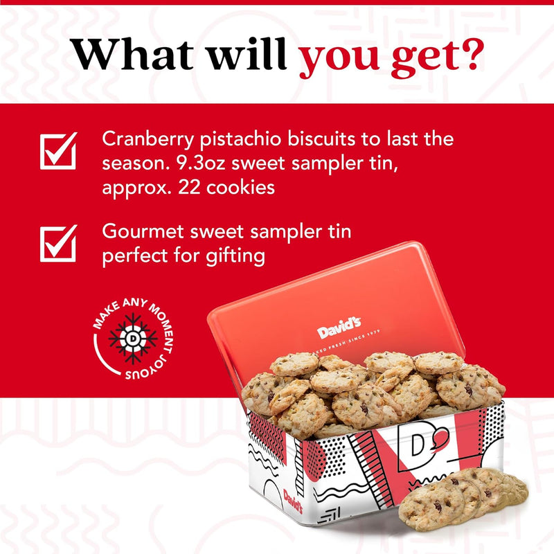 David's Cookies Cranberry Pistachio Biscuits Sweet Sampler Tin - Irresistible Crunch, Snacks And Bakery Treats - Ideal for Snacking And Gifting - Delicious Gourmet Food Gift For All Occasions 9.3oz