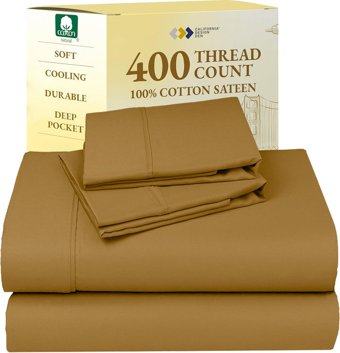California Design Den Natural 100% Cotton Sheets, Soft Queen Sheet Set, 400 Thread Count Sateen, Deep Pockets with All-Around Elastic for a Snug Fit, Cool & Durable Bedding Set - Black