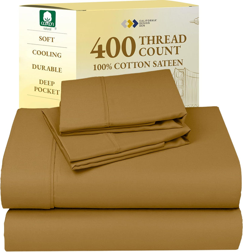California Design Den Natural 100% Cotton Sheets, Soft Queen Sheet Set, 400 Thread Count Sateen, Deep Pockets with All-Around Elastic for a Snug Fit, Cool & Durable Bedding Set - Black