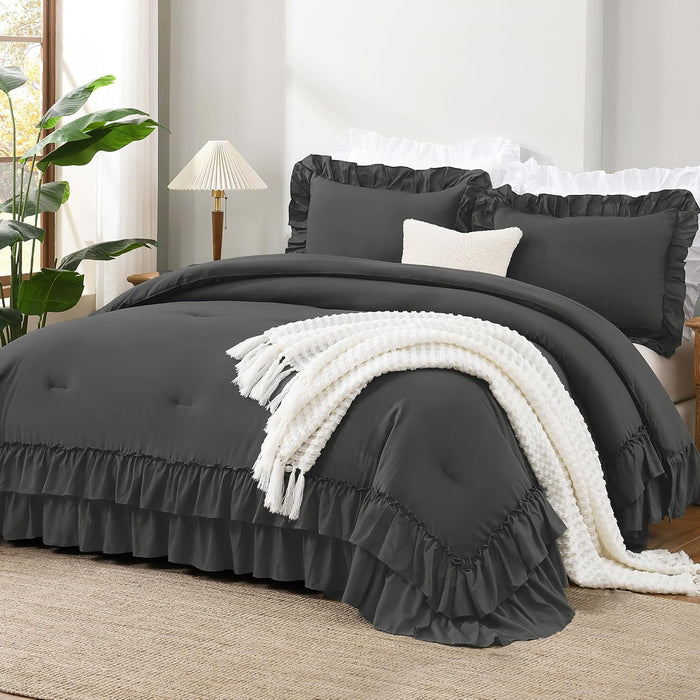 Andency Beige Full Size Comforter Set, 3 Pieces Farmhouse Shabby Chic Ruffle Comforter, Soft Lightweight Fluffy All Season Microfiber Bedding Comforter Set for Kids, Girls, Women