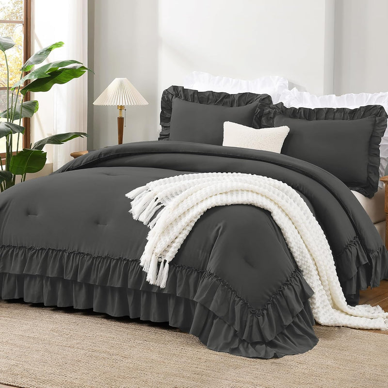 Andency Beige Full Size Comforter Set, 3 Pieces Farmhouse Shabby Chic Ruffle Comforter, Soft Lightweight Fluffy All Season Microfiber Bedding Comforter Set for Kids, Girls, Women