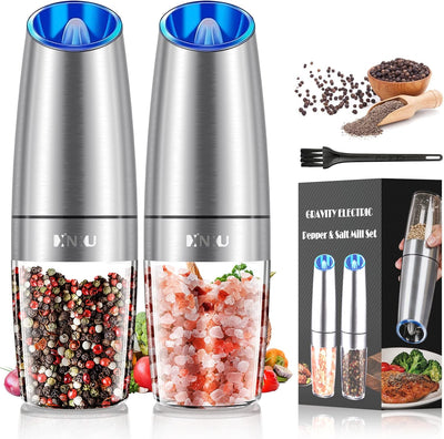 XinXu Gravity Electric Pepper and Salt Grinder Set, Adjustable Coarseness, with LED Light, One Hand Automatic Operation (Set/Silver X)