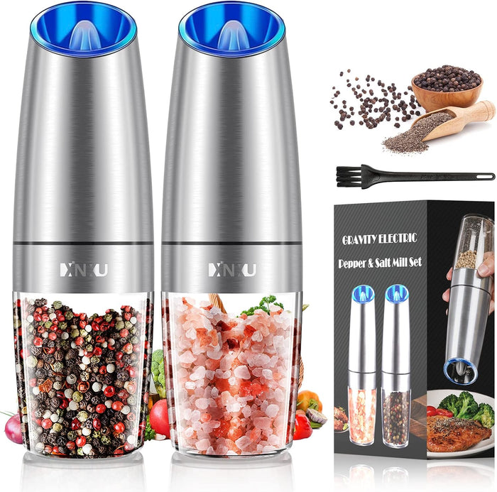 XinXu Gravity Electric Pepper and Salt Grinder Set, Adjustable Coarseness, with LED Light, One Hand Automatic Operation (Set/Silver X)