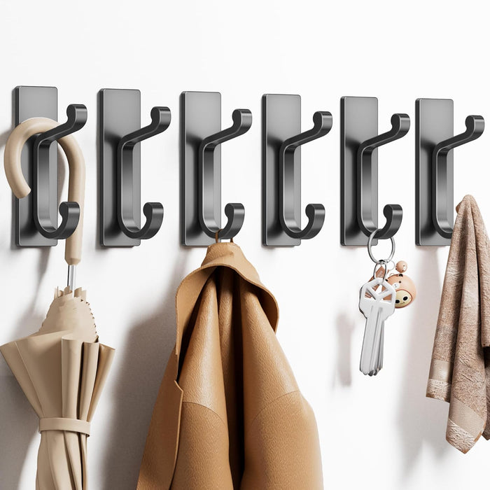 Silver Self Adhesive Hooks - 6 Pack Stick on Hanger for Coats, Towels and Robes, Double Hooks for Door, Kitchen, Bathroom, Shower, Rental Houses, Hold 13lbs.