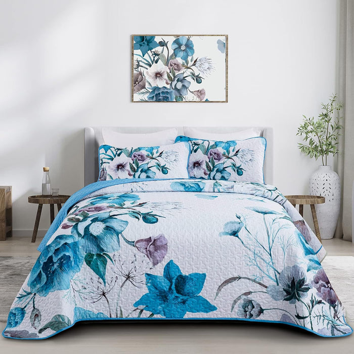 Floral Quilt Set King 3 Pieces Grey Floral Quilt Coverlet Set Soft Microfiber Lightweight White Quilted Bedspread for All Season 104"x90"