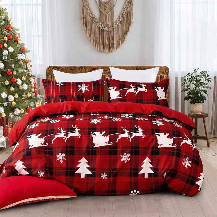 Christmas Queen Comforter Set 7 Pieces, Red Christmas Deer Pattern Bed in a Bag, Soft Reversible Bedding Set Xmas Holiday Decor 90"x90"