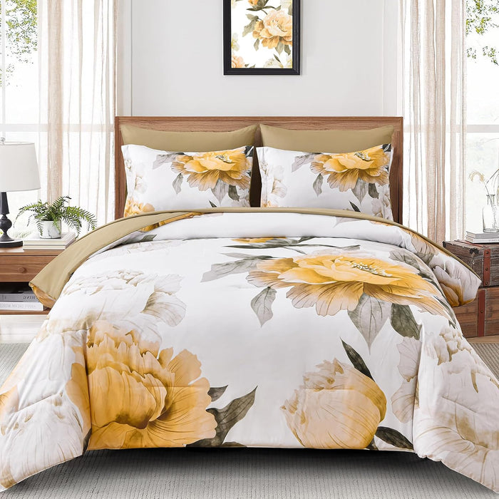 Dobuyly Pink and Grey Comforter Set Queen Size 7 Piece Bed in a Bag, Floral Printed on Gray Comforter Set with Sheets, Soft Microfiber Botanical Complete Bedding Set for All Season