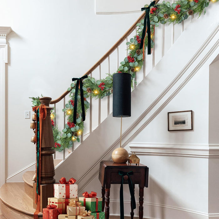 6FT Christmas Garland with Lights Artificial Pine Cypress Eucalyptus Garland with Red Berries Christmas Tips Cedar Garlands,Christmas Decorations Holiday Indoor Outdoor Winter Garland