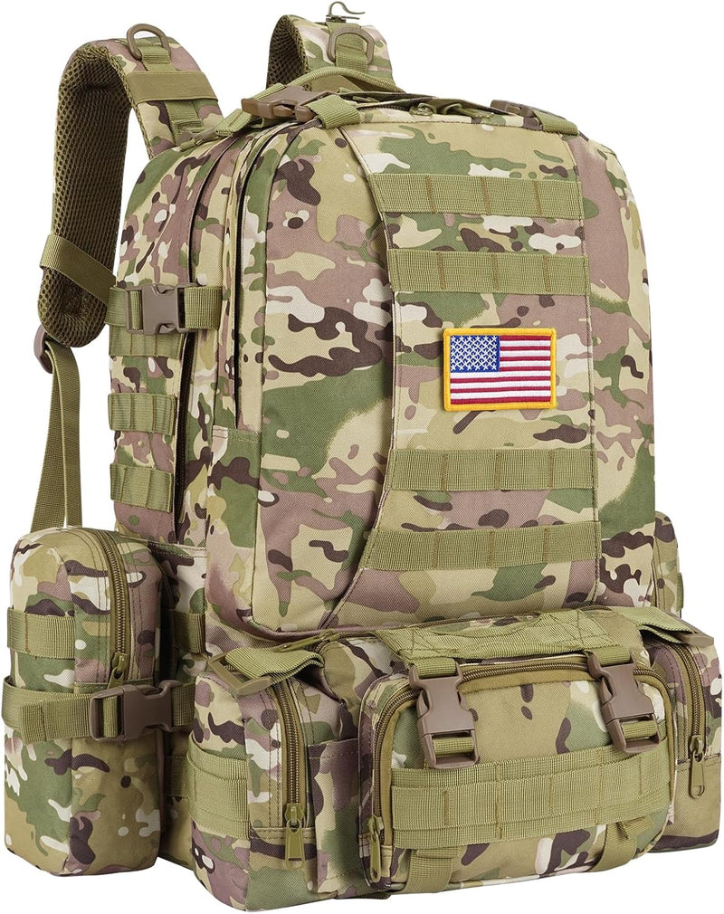 60L Tactical Military Backpack Large Capacity Army Rucksack with Detachable Molle Pouches for Men and Women (Black Camo, Large)
