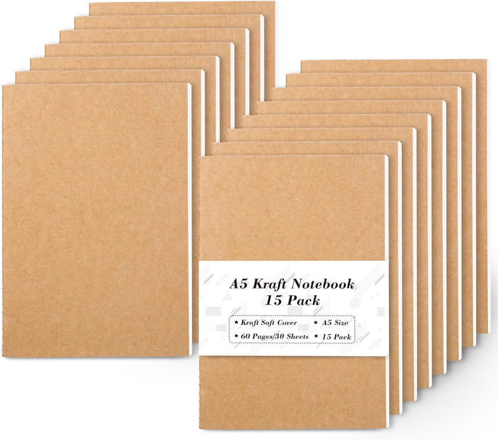 feela 8 Pack A5 Kraft Notebooks, 60 Lined Blank Pages Travel Journal Bulk, Soft Cover Notebooks for Women Girls Students, Making Plans Writing Memos Office School Supplies, 8.3 X 5.5 in