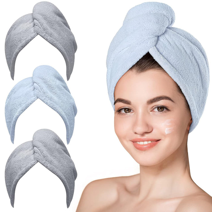 Hicober Microfiber Hair Towel Wrap, Fast Drying Hair Towels for Women, Soft Lightweight Quick Dry Turban for Curly & Long Hair–3 Pack(Blue/Grey/Pink)