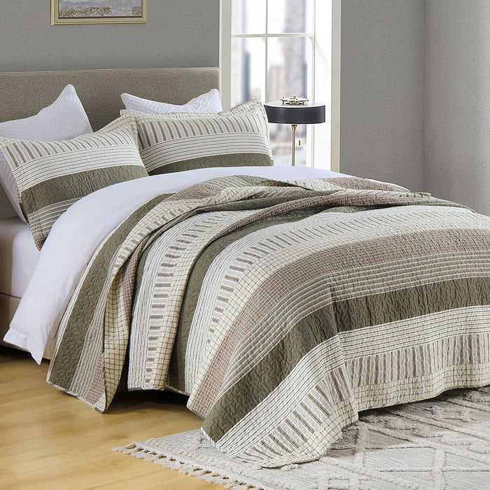 PANGUSHAN 100% Cotton Quilt Set King Size, Patchwork King Quilt Bedding Set Bedspreads, Farmhouse Lightweight Comforter Reversible Quilt, White/Brown/Grey Bed Spread for All Season, 3 Pieces