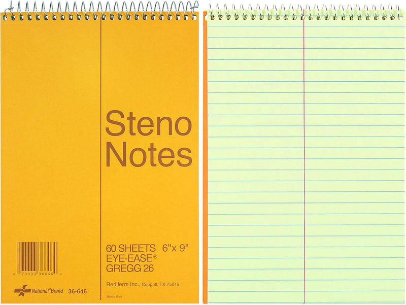 National Steno Notebook, Gregg-Ruled, Green Eye-Ease Paper, Brown Cover, 6" x 9", 60 Sheets (36646)