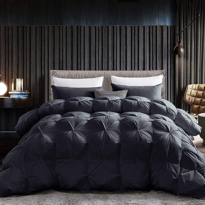 Luxurious All-Season Goose Down Feather Fiber Comforter King Size Duvet Insert, Exquisite Black Pinch Pleat Design, Premium Baffle Box, 100% Egyptian Cotton Cover, 70 oz. Fill Weight, Black