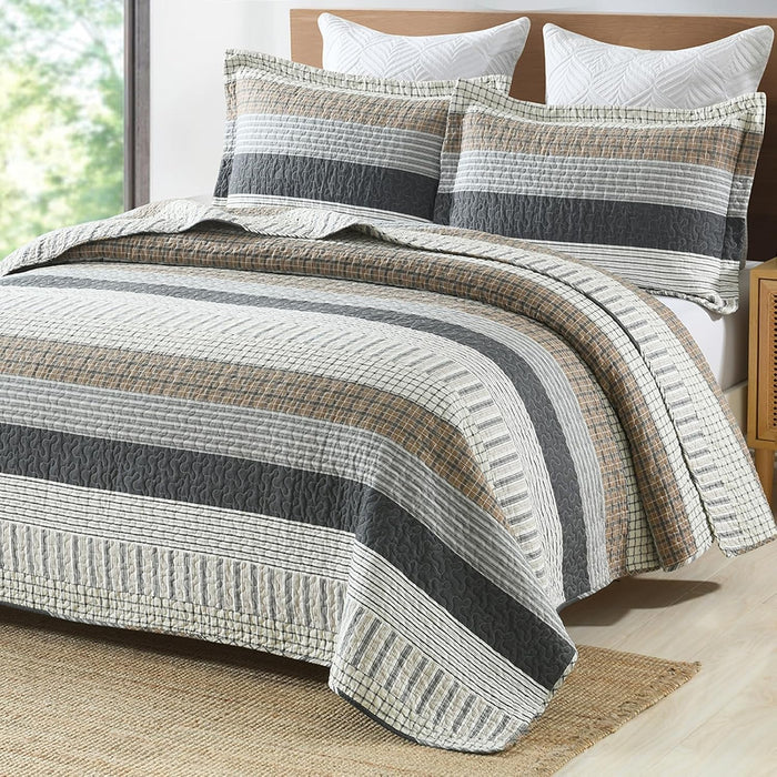 PANGUSHAN 100% Cotton Quilt Set King Size, Patchwork King Quilt Bedding Set Bedspreads, Farmhouse Lightweight Comforter Reversible Quilt, White/Brown/Grey Bed Spread for All Season, 3 Pieces