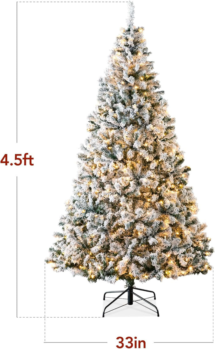 Best Choice Products Pre-Lit Artificial Christmas Tree, 4.5ft Snow Flocked Design Pine Tree, Full Appearance Snowy w/Easy Assembly, Metal Stand
