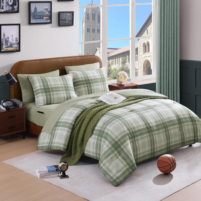 Full Size Comforter Sets, Khaki Green Plaid Bedding Set 7 Piece for Boys Girls Teen, Classic Homestead-Style Kids Comforter Set Bed in A Bag with Sheets, Pillowcases & Shams