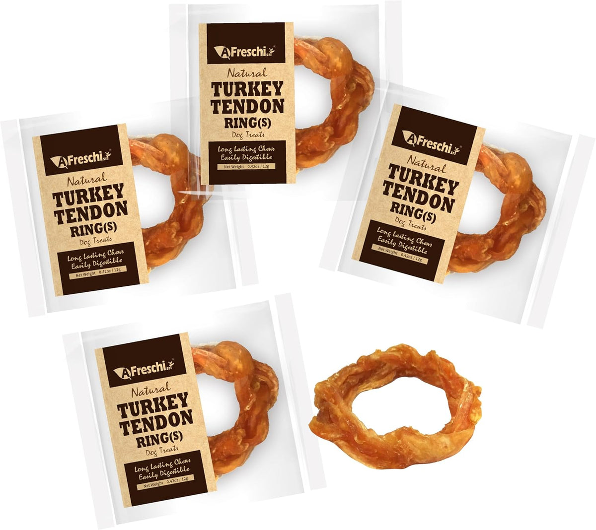 AFreschi Turkey Tendons for Dogs, USA-Sourced, Healthy Dog Treats, Rawhide-Free Puppy Chews, Long Lasting, All Natural, Hypoallergenic Dog Treats for Small Breeds, 4 Count Pack Bone (S)