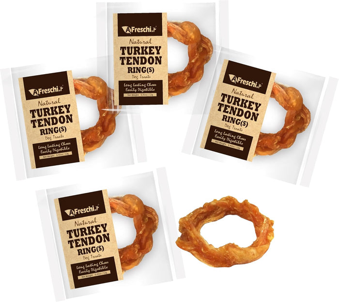 AFreschi Turkey Tendons for Dogs, USA-Sourced, Healthy Dog Treats, Rawhide-Free Puppy Chews, Long Lasting, All Natural, Hypoallergenic Dog Treats for Small Breeds, 4 Count Pack Bone (S)