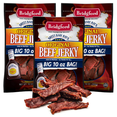 Bridgford Sweet Baby Ray’s Beef Jerky Original 10 oz Pack of 3 - High Protein Healthy Snacks for Your Dietary Preferences - Ready-to-Eat Beef Jerky for On-the-Go Snacking and Busy Lifestyles