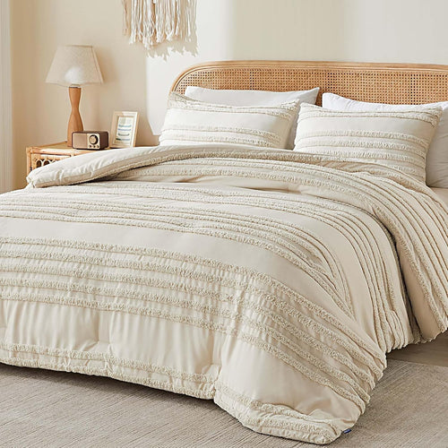 BEDELITE Boho Comforter Set Queen Size, Beige Tufted Striped Bed Set 3 Pieces, Soft Vintage Farmhouse Comforter for All Seasons, Boho Home Decor,Fluffy Jacquard Bedding with 2 Pillow Shams