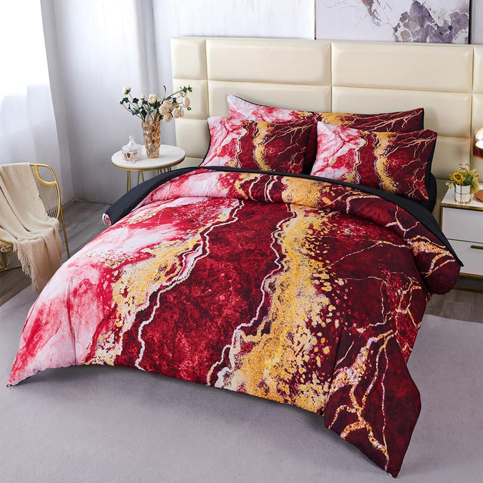 PERFEMET 6 PCS Bed in a Bag Black Watercolor Marble Printed Comforter Set for Queen Bed Burning Mountain Pattern Bedding Set with Sheets Retro Artwork Design Quilt Sets(Black, Queen)