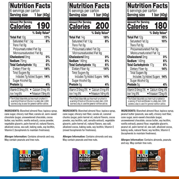 KIND Soft Baked Squares, Variety Pack, Chocolate, Peanut Butter and Salted Caramel, Almond Flour Brownies, Healthy Snack Bars, Gluten Free, 5g Protein, 18 Count