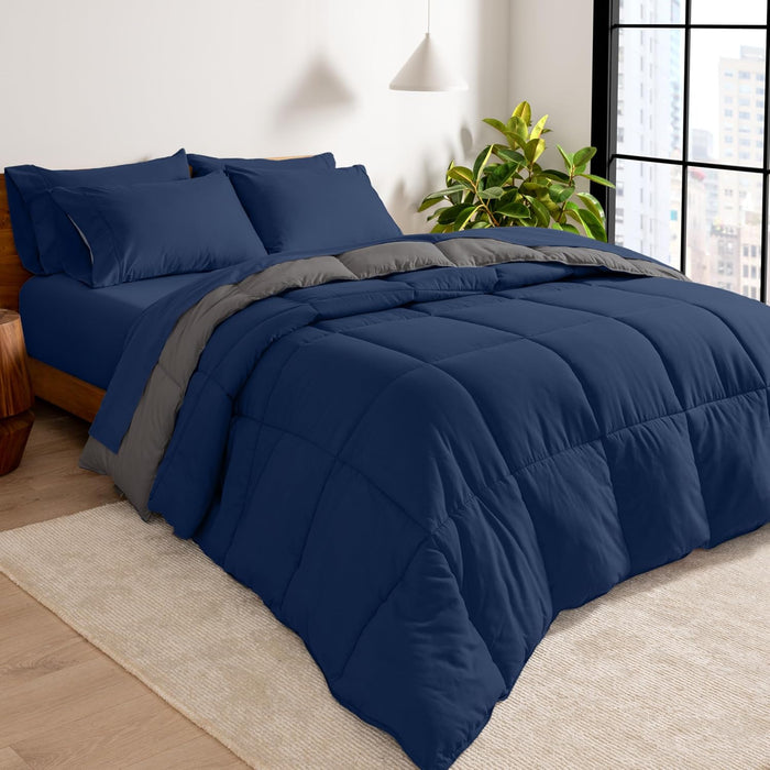 Bare Home Reversible Bed-in-A-Bag Comforter & Sheet Set - Queen - Down Alternative - Soft - Bedding Set (Queen, Light Grey/Grey)