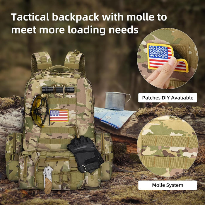 60L Tactical Military Backpack Large Capacity Army Rucksack with Detachable Molle Pouches for Men and Women (Camo, Large)