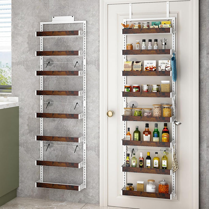 bukfen Over the Door Pantry Organizer, 8-Tier Adjustable Wooden Basket Kitchen Pantry Door Organization and Storage,2 in 1 Wall Mount or Hanging Heavy-Duty Metal Hanging Kitchen Spice Rack,1 Pack