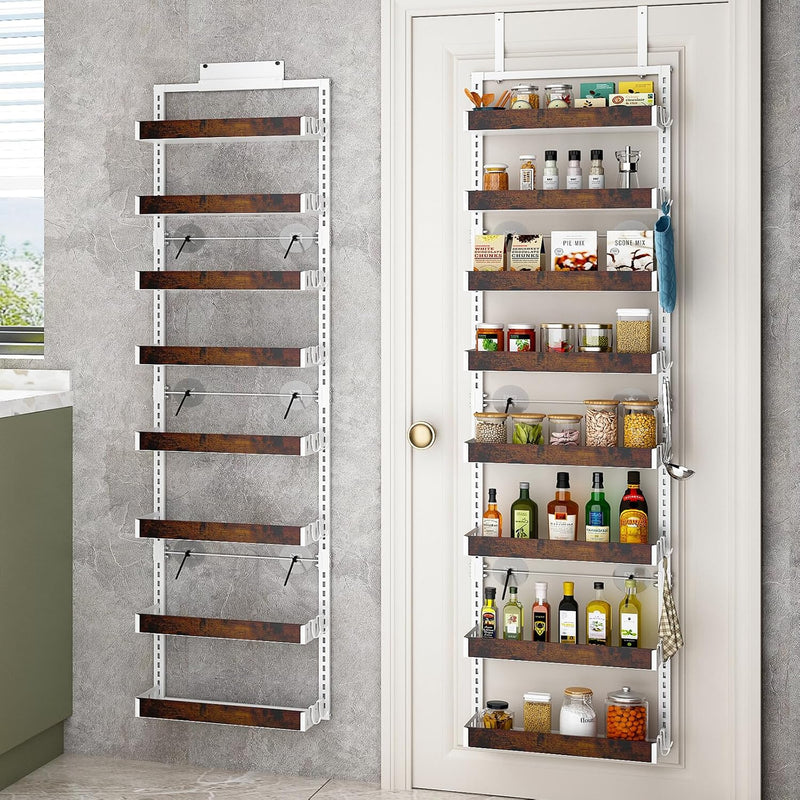 bukfen Over the Door Pantry Organizer, 8-Tier Adjustable Wooden Basket Kitchen Pantry Door Organization and Storage,2 in 1 Wall Mount or Hanging Heavy-Duty Metal Hanging Kitchen Spice Rack,1 Pack