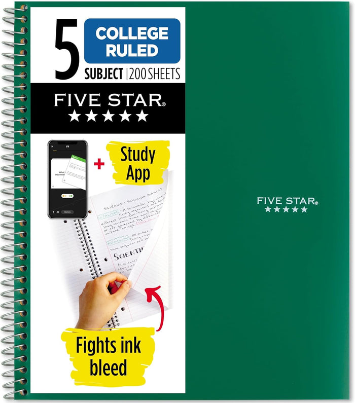 Five Star Spiral Notebook + Study App, 5 Subject, College Ruled Paper, 8-1/2" x 11", 200 Sheets, Fights Ink Bleed, Water Resistant Cover, Black (72081)