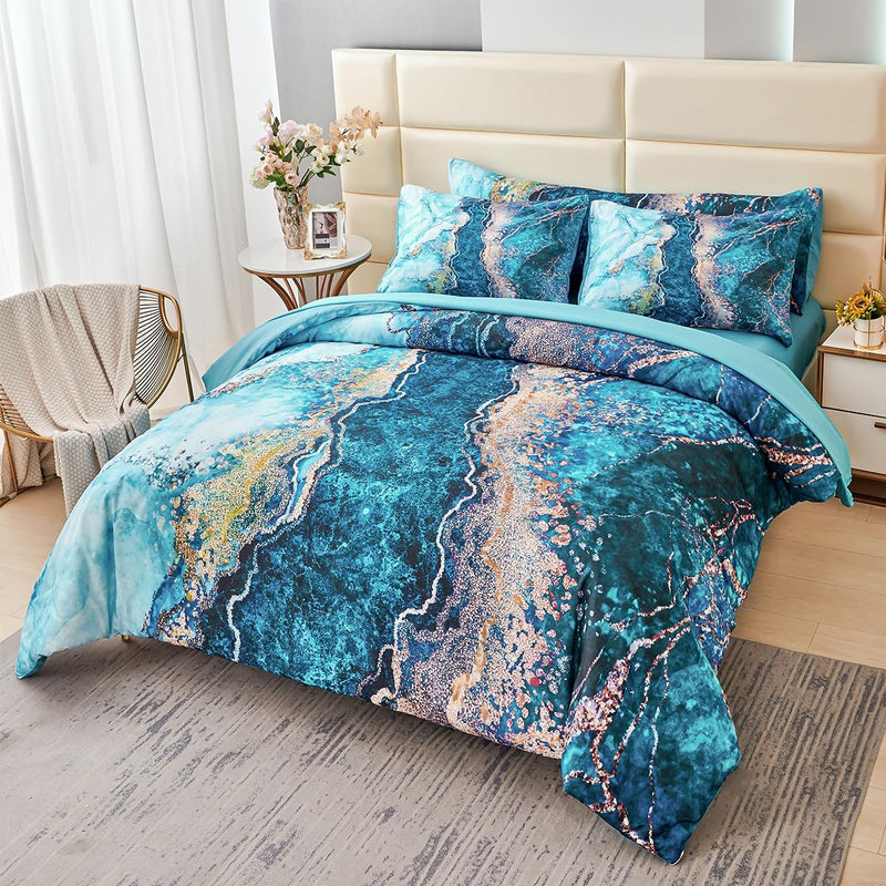 PERFEMET 6 PCS Bed in a Bag Black Watercolor Marble Printed Comforter Set for Queen Bed Burning Mountain Pattern Bedding Set with Sheets Retro Artwork Design Quilt Sets(Black, Queen)