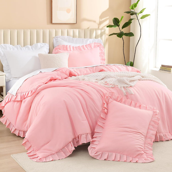 Litanika Full Size Comforter Sets, 3 Pieces Blush Pink Ruffle Girls Women Cute Bedding Comforters & Sets, Lightweight Fluffy Microfiber as Gift (79x90In Comforter & 2 Pillowcases)
