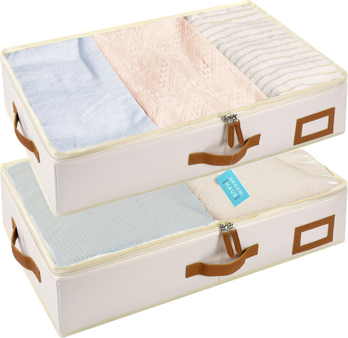 OrganiHaus Under Bed Storage Containers, Bedroom Storage and Organization Bins, Clothes Organizer for Closet with Clear Cover and Reinforced Handles - Set of 2 33x17x6 inches White Striped