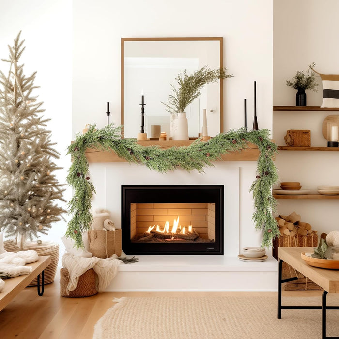 WBHome Real Touch Cypress Cedar & Pine Cone Evergreen Garland for Christmas Holiday Seasonal Outdoor/Indoor Home Decor, 9FT Long